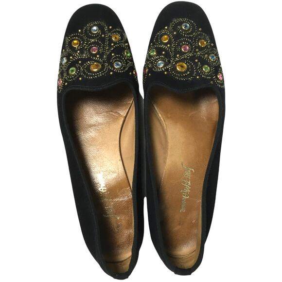 Saks Fifth Avenue Flats Gem Embellished Black Velvet Round Toe Slip On Loafer 7 - Picture 3 of 13